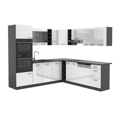 Vicco Winkelküche R-Line, Weiß Hochglanz/Anthrazit, 237 x 247 cm, AP Anthrazit