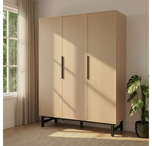 HOME DELUXE Kleiderschrank NYLA - 150 x 200 cm inkl. 3 Schubladen und 5 Ablageflächen, Schrank mit Lamellenfronten