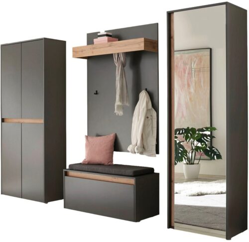 Home affaire Garderoben-Set City/Giron, moderne Garderobe, viel Stauraum, ca. 40 Schuhe, (Set, 4-St), enthält Schrank mit Spiegel, Schuhschrank, Paneel &Bank inkl. Kissen