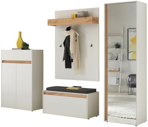 Home affaire Garderoben-Set City/Giron, moderne Garderobe, viel Stauraum, ca. 24 Schuhe, (Set, 4-St), enthält Schrank, Paneel, Schuhschrank & Garderobenbank mit Sitzkissen