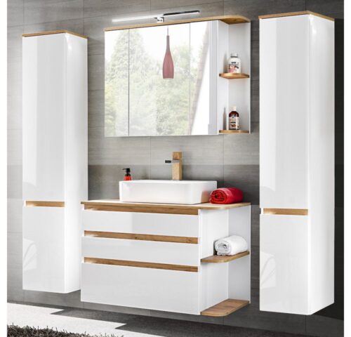 Lomadox Badmöbel-Set CAMPOS-56, (Spar-Set, 4-St., 1 Waschtisch, 1 Spiegelschrank, 2 Hochschränke), weiß mit Wotaneiche 2 Hochschränke 194/200/50 cm