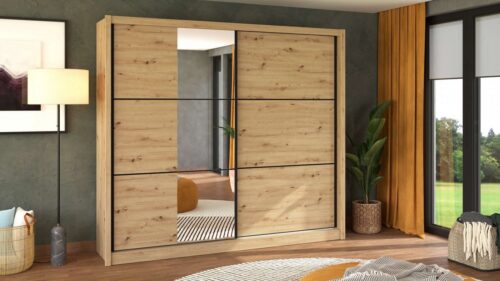 Home affaire Schwebetürenschrank Navara Kleiderschrank mit Spiegel Wäscheschrank Garderobe Kleiderschrank mit Spiegel, FSC®-zertifiziert, 242,5x215,5x61cm