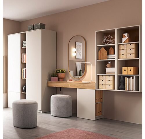Lomadox Jugendzimmer-Set FIER-129, (Sparset, 5-tlg., Kleiderschrank Schreibtisch Regale), kaschmir mit Eiche, grifflos