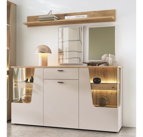 Lomadox Esszimmer-Set CARMONA-129, (Spar-Set, 2-St., Sideboard Wandregal), in kaschmir und Eiche, inkl. LED-Beleuchtung