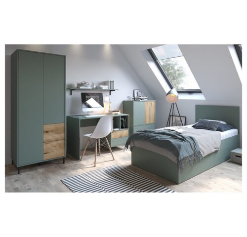 Lomadox Jugendzimmer-Set PARMA-129, (Sparset, 5-tlg., Kleiderschrank Schreibtisch Wandpaneel Kommode Bettgestell), in grau-grün mit Eiche Nb., 90x200 cm Liegefläche