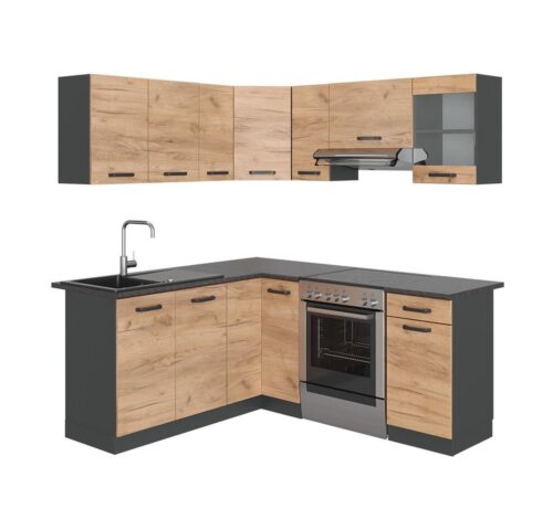 Vicco Winkelküche Rick, Goldkraft Eiche/Anthrazit/Anthrazit, 190 x 46 cm, AP Anthrazit