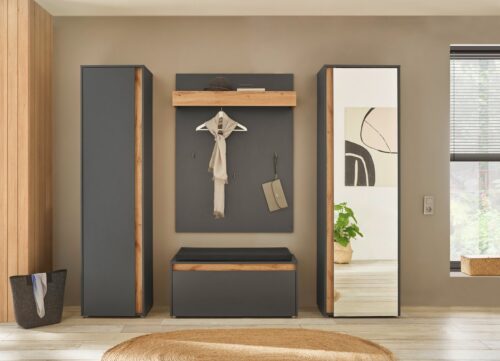 Home affaire Garderoben-Set GIRON/CiTY, moderne Garderobe, Komplettset mit viel Stauraum, (Komplett-Set, 4-St), enthält Garderobenschränke, Paneel & Schuhbank +Sitzkissen