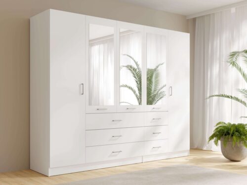Home affaire Kleiderschrank KOS Garderobe mit 6 Schubladen, Kleiderstange, 5 Einlegeböden, Spiegel Wäscheschrank mit 5 Drehtüren, silber Griffen, Maße B/H/T 250/200/58cm