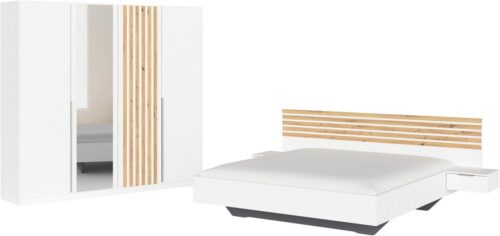 rauch Schlafzimmer-Set Komplettzimmer Komplett Set Schrank 226 cm Bett 160/180 cm LAMELLA, (Set, 4-tlg., 3 verschiedene Ausstattungen BASIC/CLASSIC/PREMIUM (inkl. SOFT-CLOSE), elegante Lamellen-Auflage in 3D Akustikpaneel Optik MADE IN GERMANY