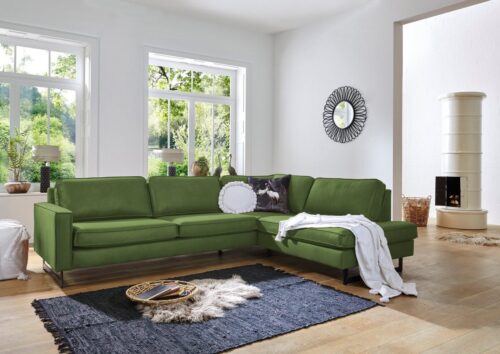 Home affaire Ecksofa Pinto, 290 cm, Cord, Chenille, Lederoptik, Ottomane links / rechts, mit Keder, schwarze Metallfüße, Wellenunterfederung