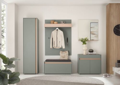 Home affaire Garderoben-Set GIRON/CiTY, moderne Garderobe, Komplettset mit viel Stauraum, (Komplett-Set, 5-St), enthält Schrank, Kommode, Spiegel, Paneel & Schuhbank +Sitzkissen