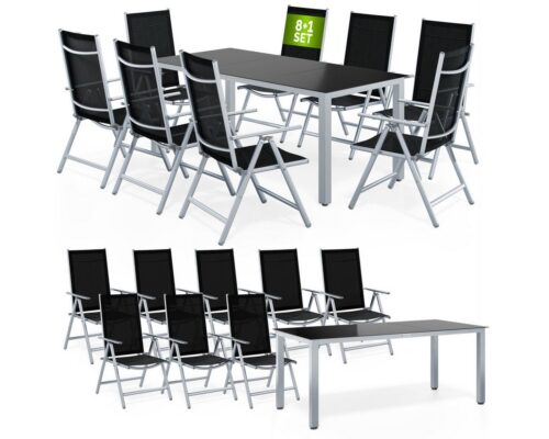 Casaria Garten-Essgruppe Bern, (9-tlg), Aluminium 5mm Sicherheitsglas Stühle Klappbar Verstellbar Wetterfest