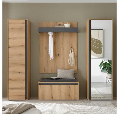 Lomadox Garderoben-Set CRISP-61, (Spar-Set, 4-St., Garderobenpaneel Schuhbank Flurschränke), Eiche Nb. mit anthrazit, grifflos, Spiegelfläche