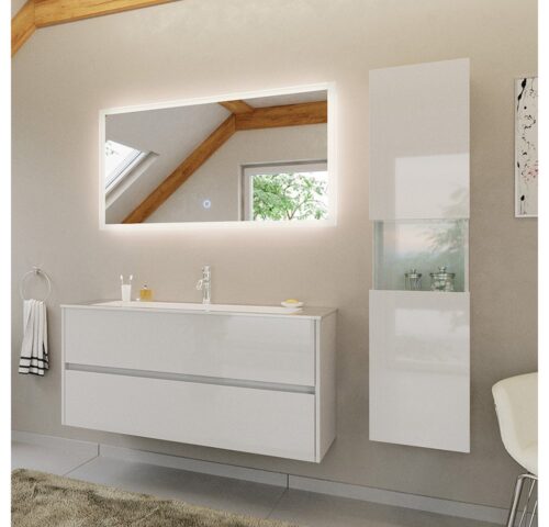 Lomadox Badmöbel-Set LIVIGNO-02, (Spar-Set, 3-St., LED-Spiegel Waschtisch Hochschrank), in weiß Hochglanz mit LED-Beleuchtung