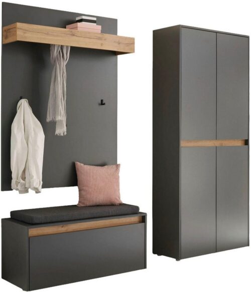 Home affaire Garderoben-Set City/Giron, moderne Garderobe, viel Stauraum, ca. 40 Schuhe, (Set, 3-St), enthält Schuhschrank, Garderobenpaneel & Garderobenbank mit Sitzkissen