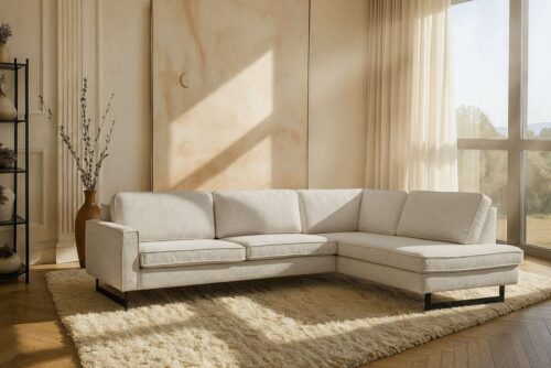 Home affaire Ecksofa Pinto, 290 cm, Cord, Chenille, Lederoptik, Ottomane links / rechts, mit Keder, schwarze Metallfüße, Wellenunterfederung