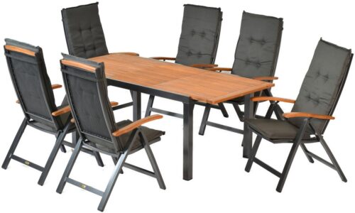 MERXX Garten-Essgruppe Tilos, (7-tlg), 6 Klappsessel mit ausziehbarem Tisch