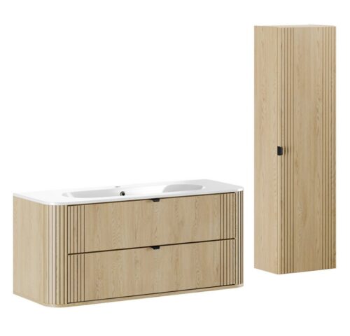 Lomadox Badmöbel-Set OLIVA-56, (Spar-Set, 2-St., Waschtisch Hochschrank), Eiche gerillt Keramik Waschbecken Metallgriffe modern Softclose