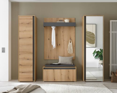 Home affaire Garderoben-Set GIRON/CiTY, moderne Garderobe, Komplettset mit viel Stauraum, (Komplett-Set, 4-St), enthält Garderobenschränke, Paneel & Schuhbank +Sitzkissen