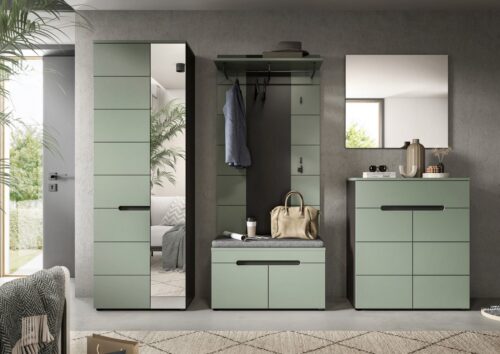 Home affaire Garderoben-Set REHAT, TOPSELLER!, 5-teilig, Breite 255 cm, individuell erweiterbar, (Set, 6-St., bestehend aus: Schrank, Sitzbank, Sitzkissen, Paneel, Spiegel, Kommode), Garderobenkombination, Kombination, Set, Flurgarderobe, Diele
