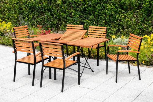 MERXX Garten-Essgruppe Schloßgarten, (7-tlg), 6 Stapelsessel, Klappausziehtisch