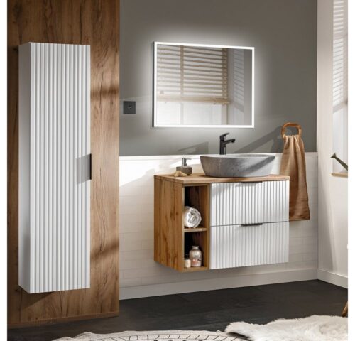 Lomadox Badmöbel-Set ADELAIDE-56-WHITE, (Spar-Set, 3-St), mit LED-Spiegel und Hochschrank, weiß mit Eiche Nb.
