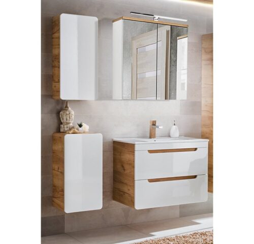 Lomadox Badmöbel-Set LUTON-56, (Spar-Set, 4-St), Eiche Keramik-Waschtisch und Spiegelschrank 130/195/46 cm