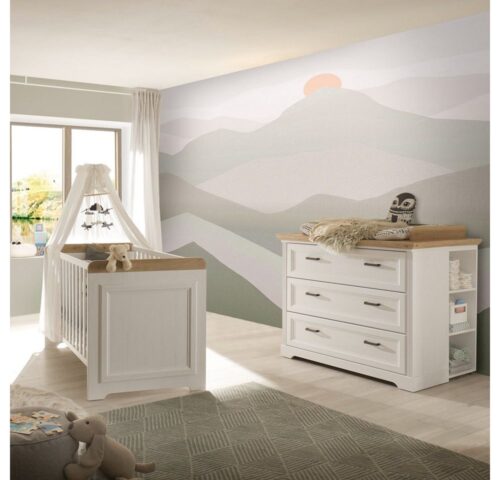 Lomadox Babyzimmer-Komplettset JASPER-78, (2-tlg), Anderson Pine Nb. weiß, Eiche Nb.,Babygitterbett, Wickelkommode