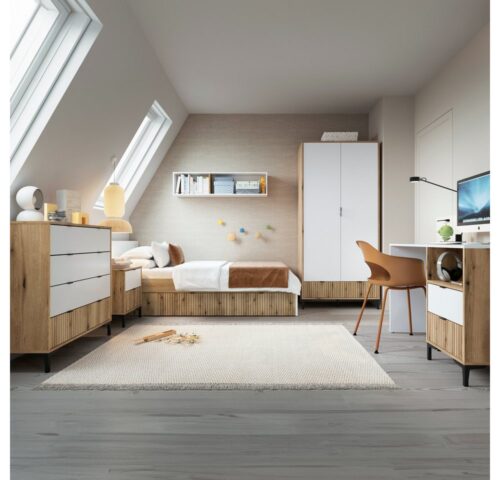 Lomadox Jugendzimmer-Set RISBY-129, (Sparset, 6-tlg), Bett 90x200 Kleiderschrank Kommode Nachttisch Schreibtisch weiß Eiche