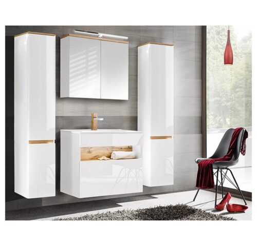 Lomadox Badmöbel-Set BERMUDA-56, (Spar-Set, 4-St), Weiß-Hochglanz mit Wotaneiche 190/200/45cm