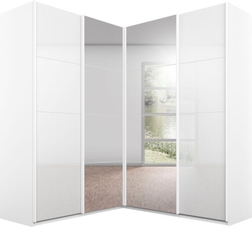 rauch Schwebetürenschrank Schrank Garderobe Eckkleiderschrank QUADRA Front in Dekor/Hochglanz (Maß 181x187 cm, Höhen 210/229 cm, inkl. Soft-Close-Funktion) extra großer Eckschrank inkl. Schubladeneinsatz MADE IN GERMANY