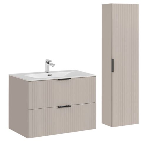 Lomadox Badmöbel-Set ADELAIDE-56-CASHMERE, (Spar-Set, 2-St., Waschtisch Hochschrank Keramikwaschbecken), 80cm Waschtisch, kaschmir mit gerillter Front