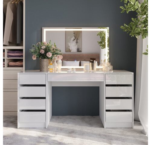 Vicco Schminktisch Sherry, Weiß/Weiß Hochglanz, 158.2 cm mit LED-Spiegel (1-St)